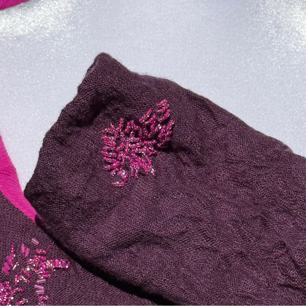 Free People Cardigan Crinkly Purple Pink Wool Silk Beaded Fairy Shrug | Sz L - Picture 10 of 16